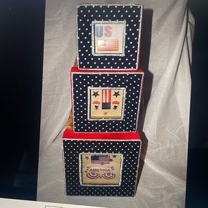 1 DAY Sale Storage Nesting Boxes 4th of July America USA Paper Cloth S/3 New